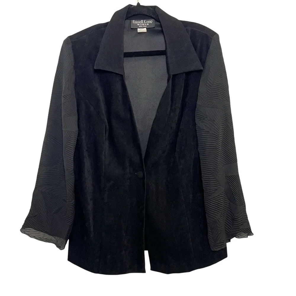Russell Kemp Black Faux Seude Blazer Jacket Womens Textured Semi Sheer Sleeve - Picture 2 of 10
